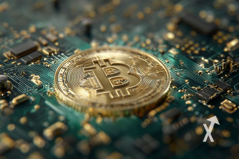 Bitcoin coin sur une puce &eacute;lectrique verte