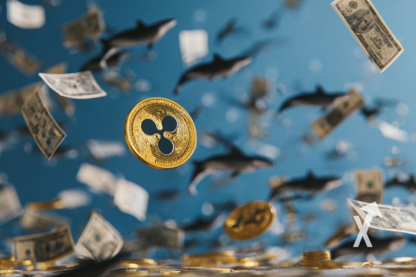 xrp coin avec pleins de billets dollars et des baleines sur un fond bleu