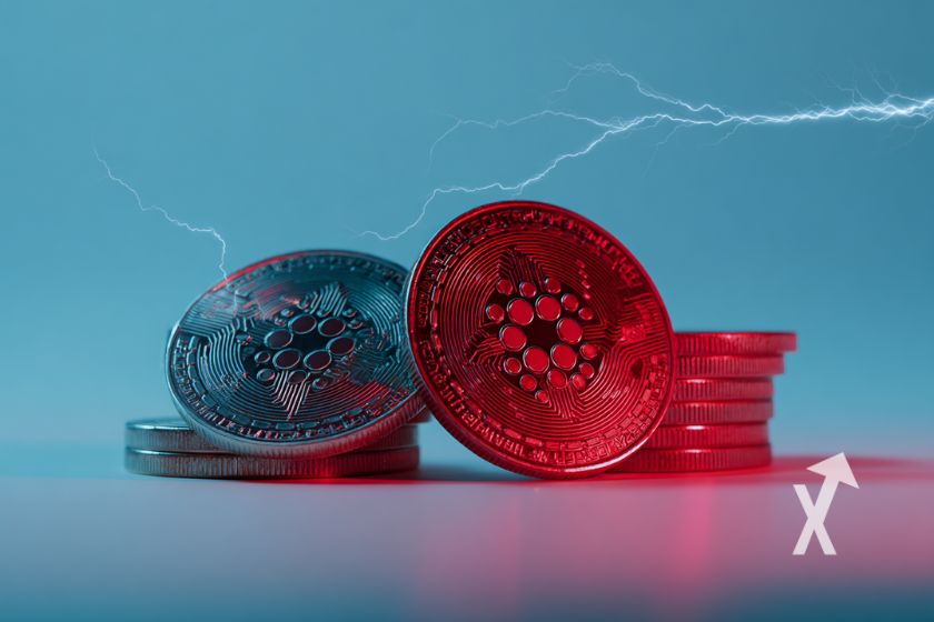 coins cardano empil&eacute;s sur un fond bleu avec lumi&egrave;re rouge