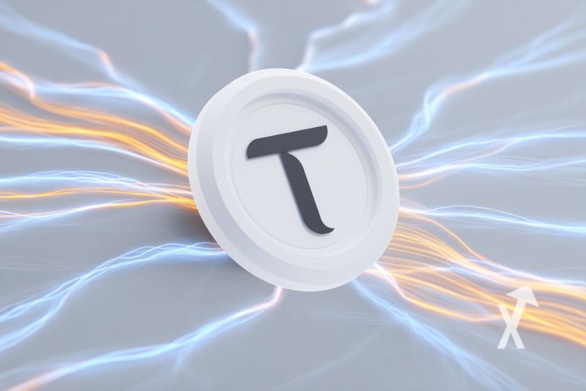 coin tao sur un fond gris avec lignes &eacute;lectriqiues bleues et oranges