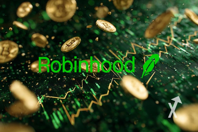 Logo robinhood sur un fond vert avec trendline jaune et crypto tokens