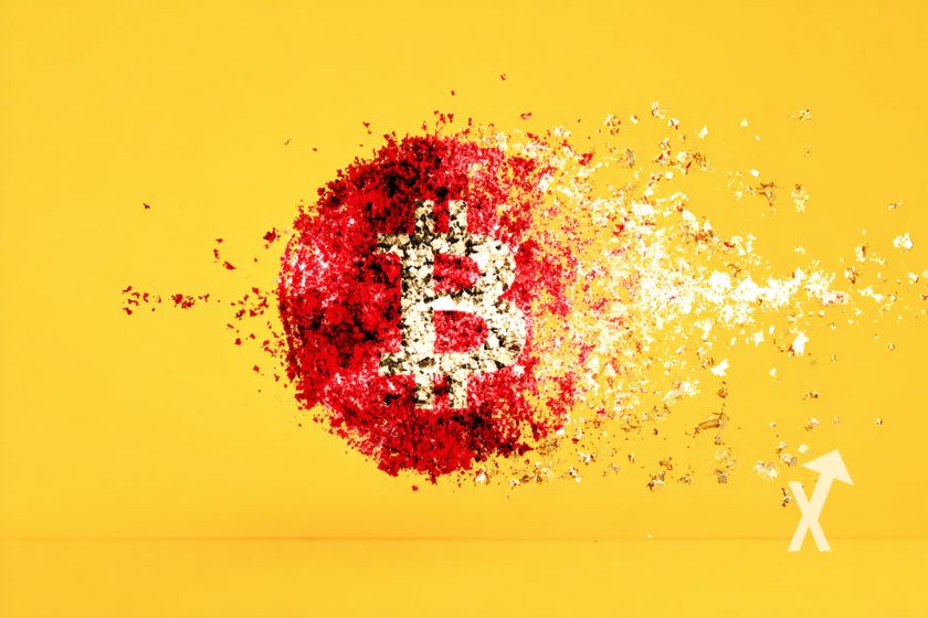 Bitcoin dans un rond rouge qui se d&eacute;sint&egrave;gre sur un fond jaune