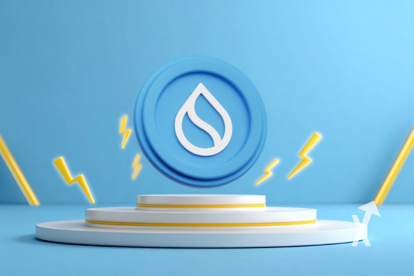 coin solana sur un fond bleu avec un podium gris et des &eacute;clairs jaunes