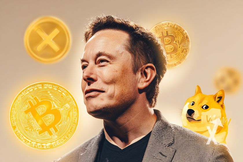 Elon musk sur un fond gris avec un coin Bitcoin et dogecoin en jaune