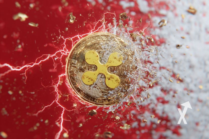 XRP coin sur un fond rouge et blanc avec &eacute;lectricit&eacute; rouge autour