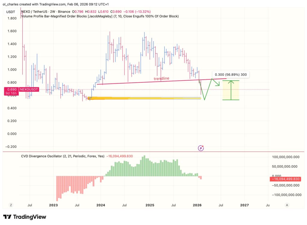 Precio de NEXO en 2 semanas con líneas de tendencia y bloques de órdenes