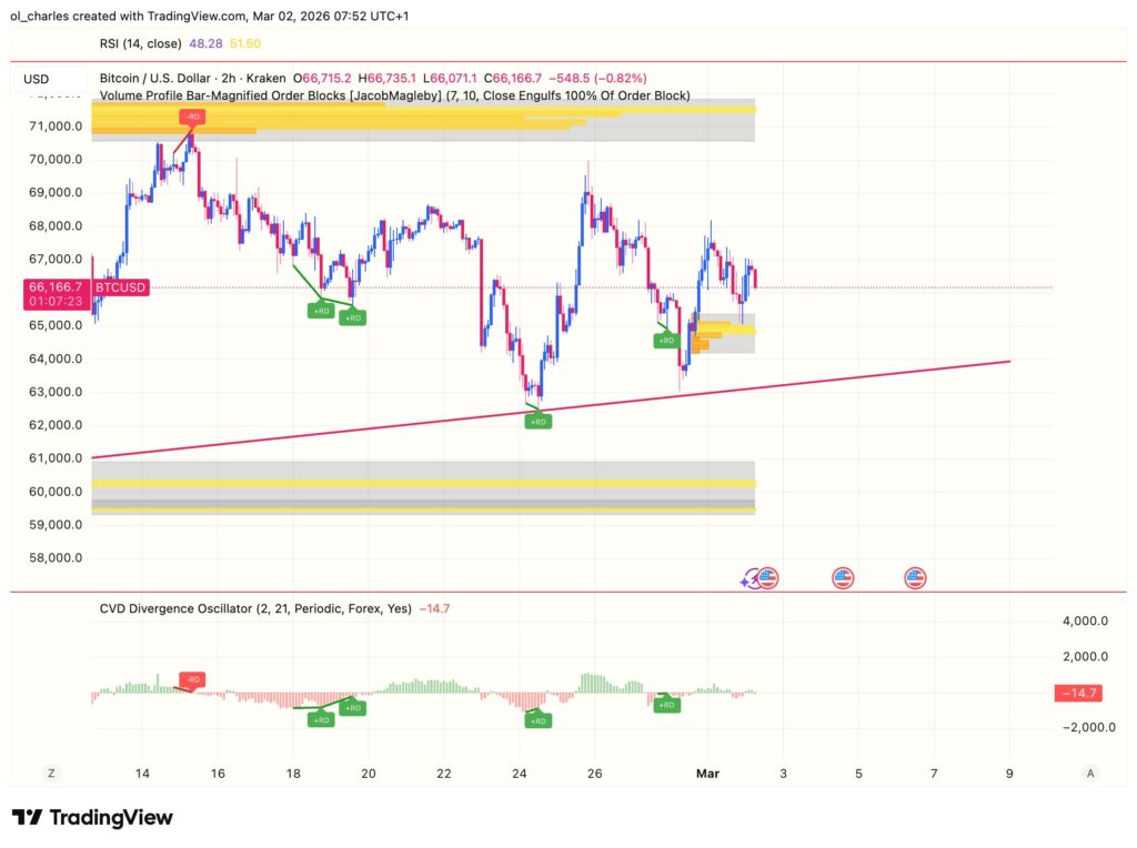 Gráfico de Bitcoin en 2 horas con order block y CVD