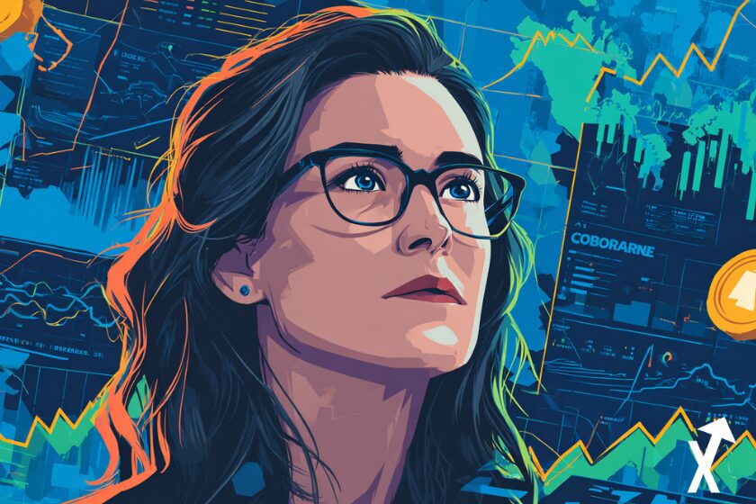 cathie wood sur un fond crypto color&eacute; blockchain