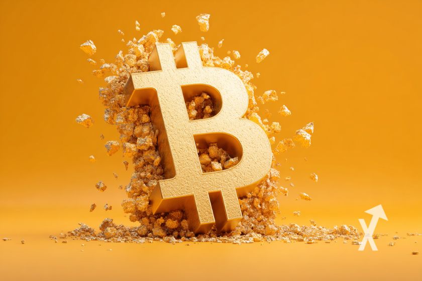 logo Bitcoin sur un fond orange et grains d'or derri&egrave;re