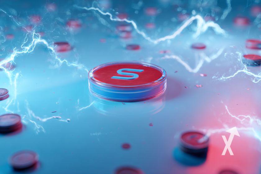 coin solana pos&eacute; sur un sol bleu avec de l'&eacute;lectricit&eacute; bleue