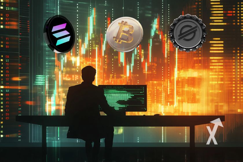 Negociação BTC, SOL, XLM na capa.