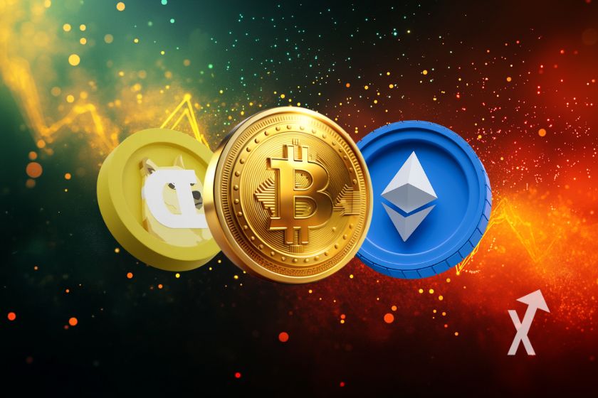 Capa com criptos: bitcoin, ethereum, doge, shib.