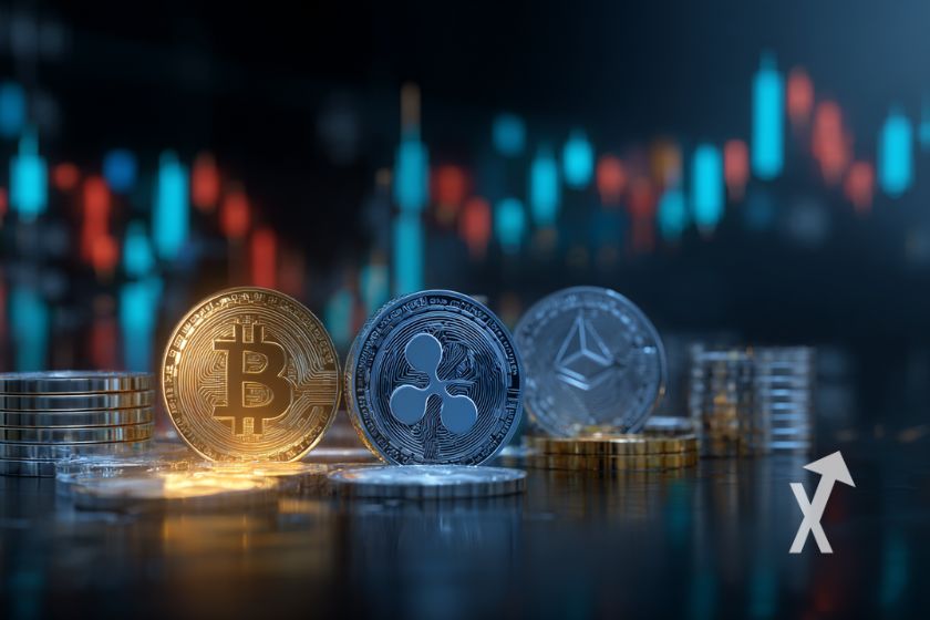 Capa cripto com bitcoin e altcoins.