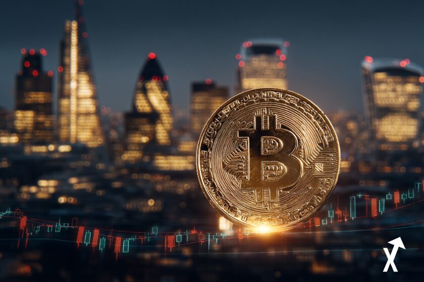 BlackRock lança Bitcoin ETP na Bolsa de Londres, moeda Bitcoin brilhante, gráficos financeiros e telas de negociação, horizonte de Londres ao fundo, futurista.