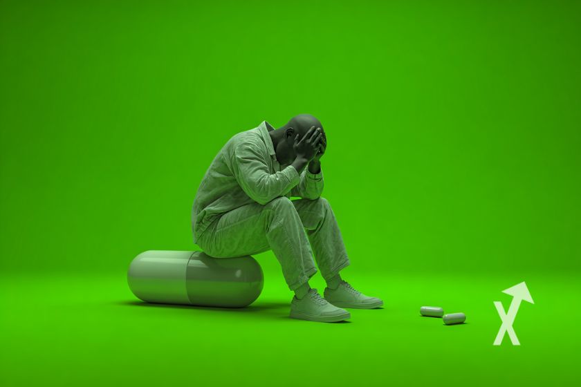 Homem segura cabeça sentado jeton verde.