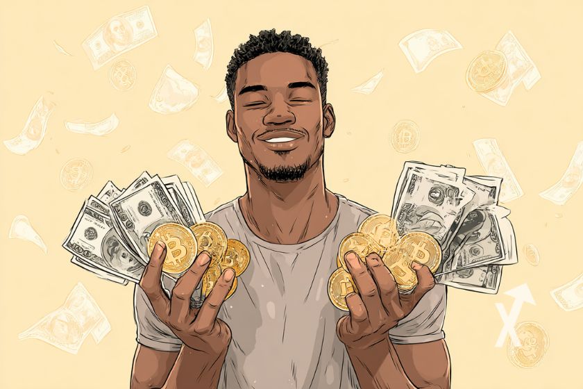 Um homem sorrindo com Bitcoins.