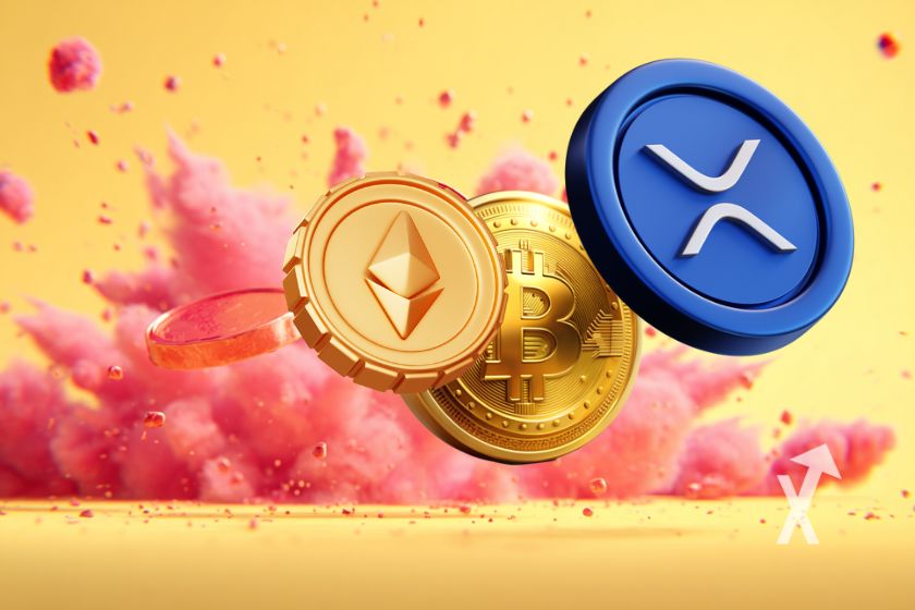 3 moedas 3D de XRP, ETH e Bitcoin com fumo vermelho atrás e fundo amarelo.