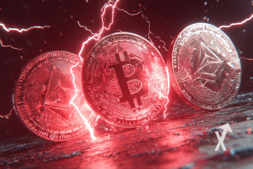 3 tokens criptográficos (BTC, ETH, XRP) em vermelho e preto com raios vermelhos.