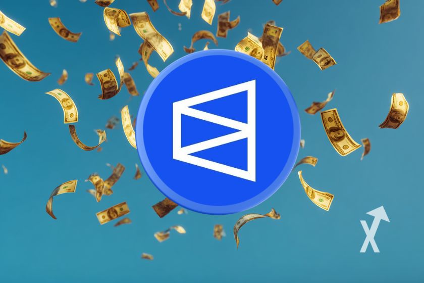 logotipo do polymarket em um fundo azul com notas de dólar no céu