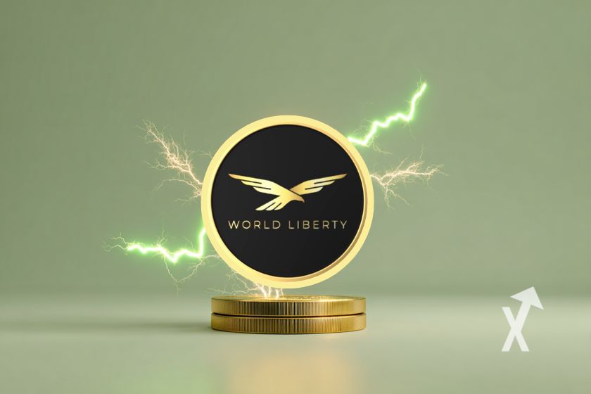 Moeda WLFI com eletricidade amarela ao fundo, em vários tokens de ouro sobre fundo verde.