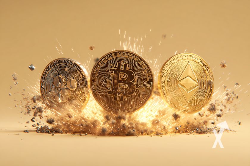 3 criptomoedas em ouro em fundo amarelo com explosões abaixo dos tokens.