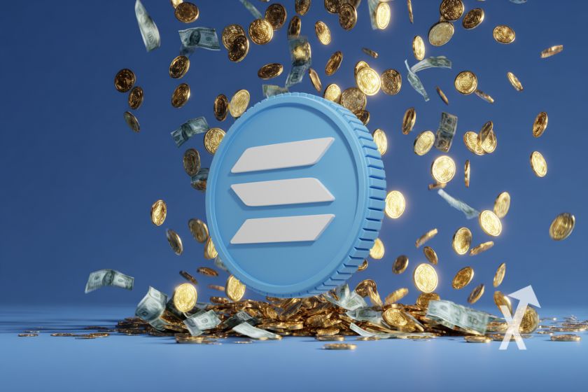 Jeton Solana azul com notas e moedas de dólar em segundo plano em azul.