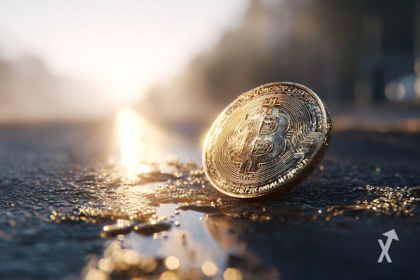 Uma moeda Bitcoin numa estrada ensolarada.