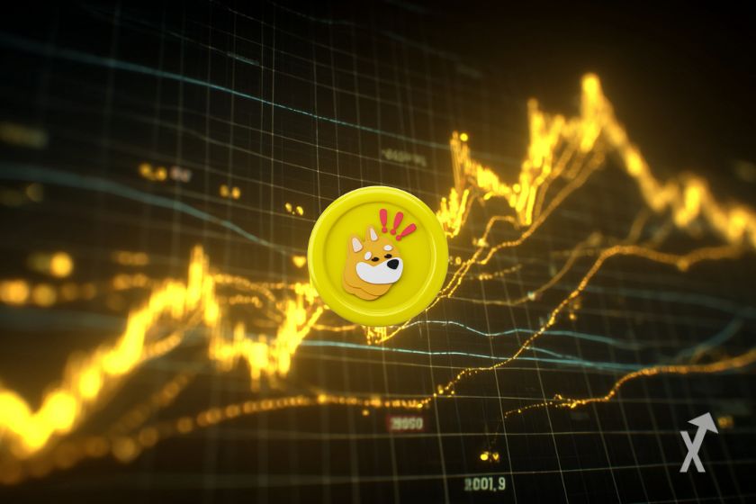 Um token amarelo com o logotipo BONK num gráfico amarelo.