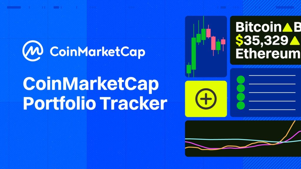 Um fundo azul com o logótipo CoinMarketCap, a inscrição 'Portfolio Tracker' e ícones de trading