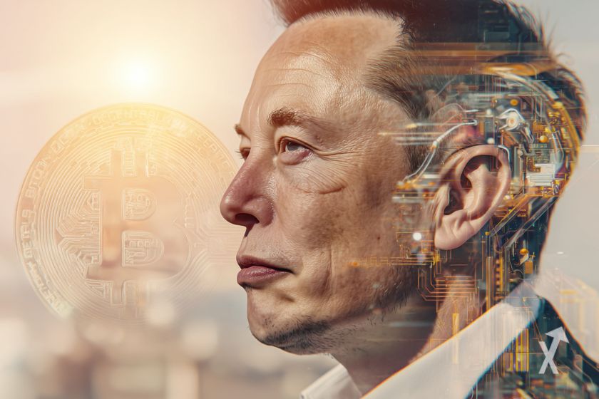 O rosto de Elon Musk com o logotipo do Bitcoin à sua esquerda.