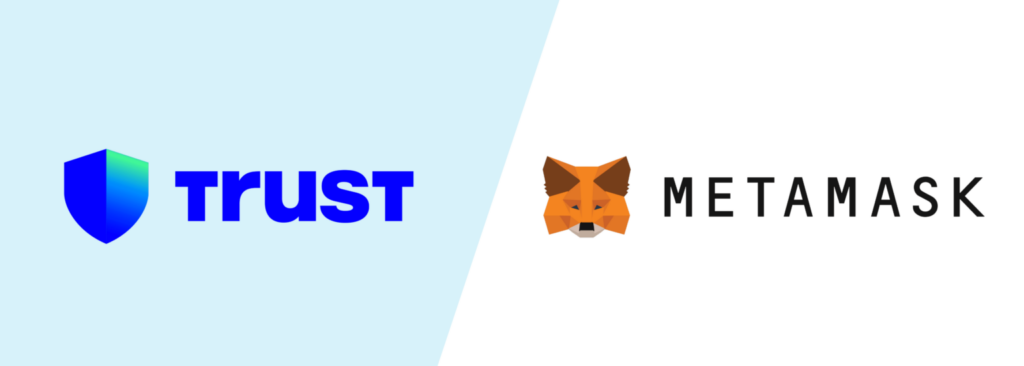 trust logo azul sobre fundo azul e metamask com logo raposa sobre fundo branco