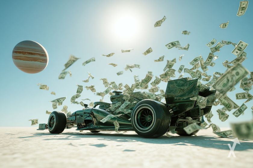 Um carro de Fórmula 1 rodeado de notas voando em direção a Júpiter.