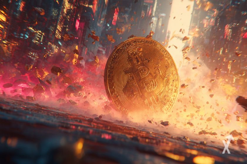 Uma enorme peça de Bitcoin dourado caindo no meio de uma cidade futurista