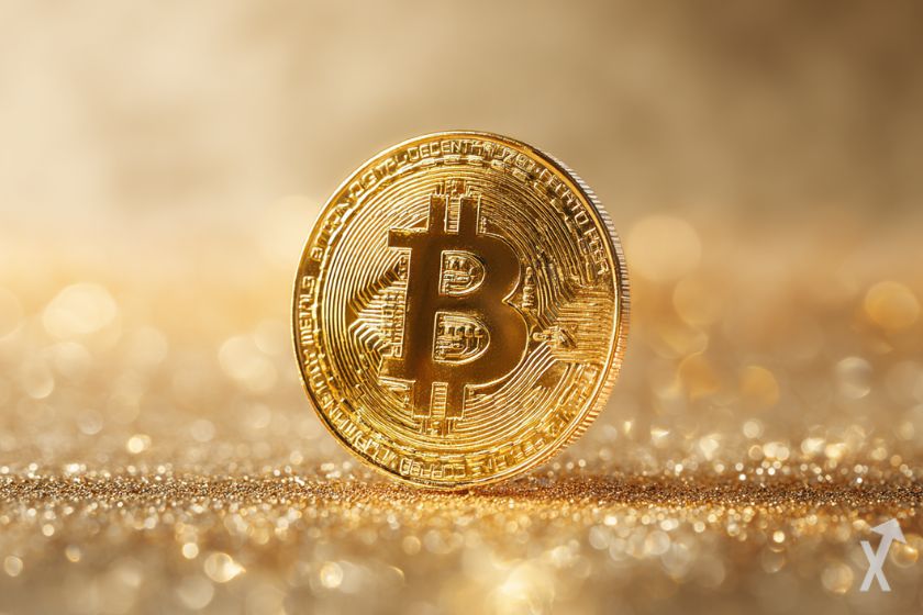 Bitcoin dourado brilha em ambiente luminoso.