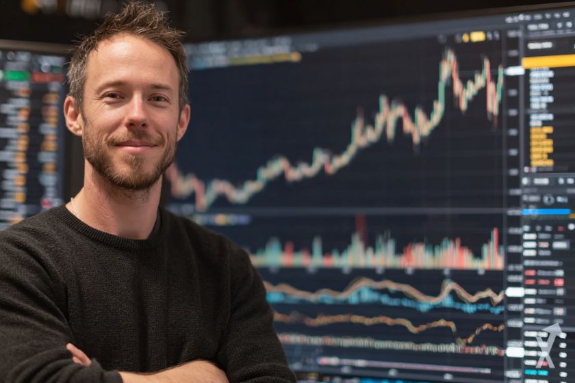 um influenciador cripto com braços cruzados