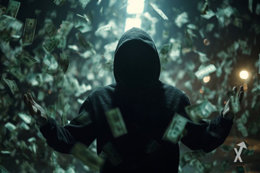 Um trader misterioso com dinheiro voando.