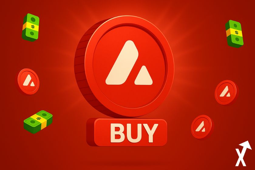 Moeda Avalanche (AVAX) em vermelho e branco, com notas de dinheiro empilhadas e pequenas moedas ao redor, além do logotipo “Buy” em vermelho e branco sobre um fundo vermelho vibrante.