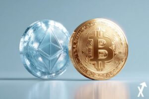 "Moedas bitcoin ethereum coloridas em fundo azul crypto vibe"