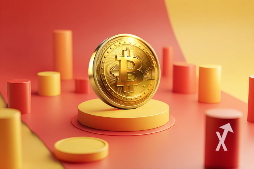 Moeda Bitcoin em base amarela.