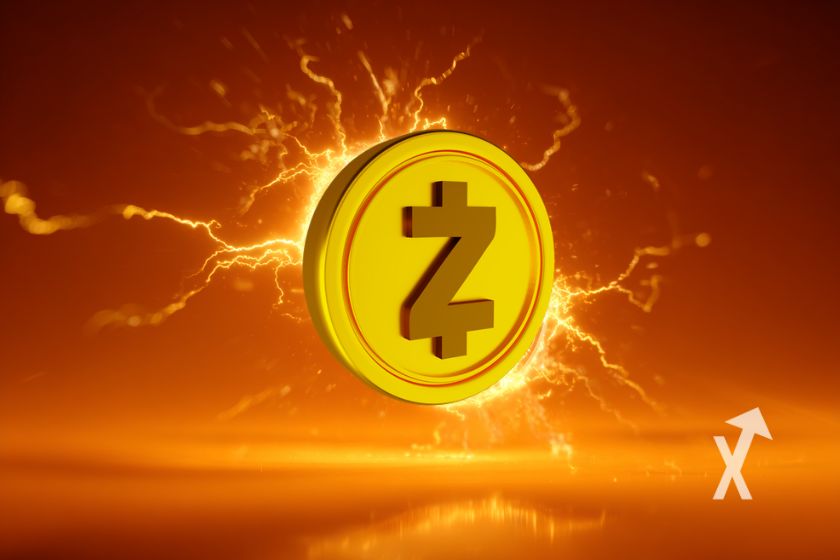 token zec de zcash em amarelo com eletricidade ao redor e em um fundo laranja