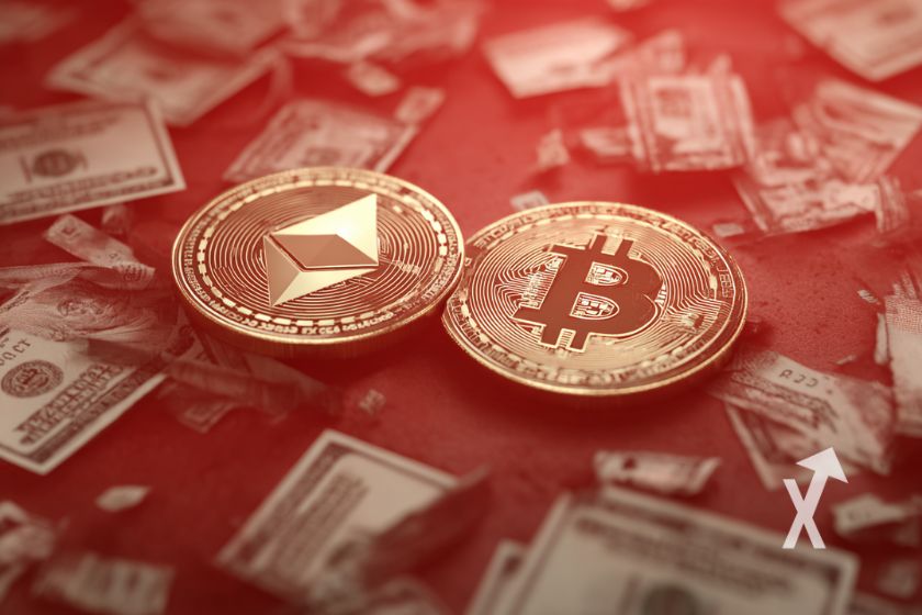 Moeda Ethereum e Bitcoin em fundo vermelho com dólares ao redor.
