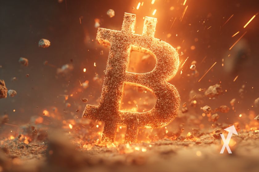 Logotipo do Bitcoin laranja brilhante em fundo cinza.