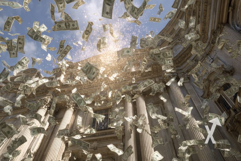 Banco BCe com notas de dólar voando no céu.