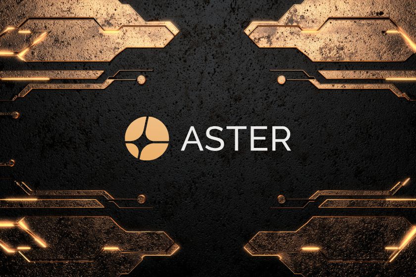 Uma imagem com fundo preto, motivos futuristas em bronze e logotipo Aster ao centro.