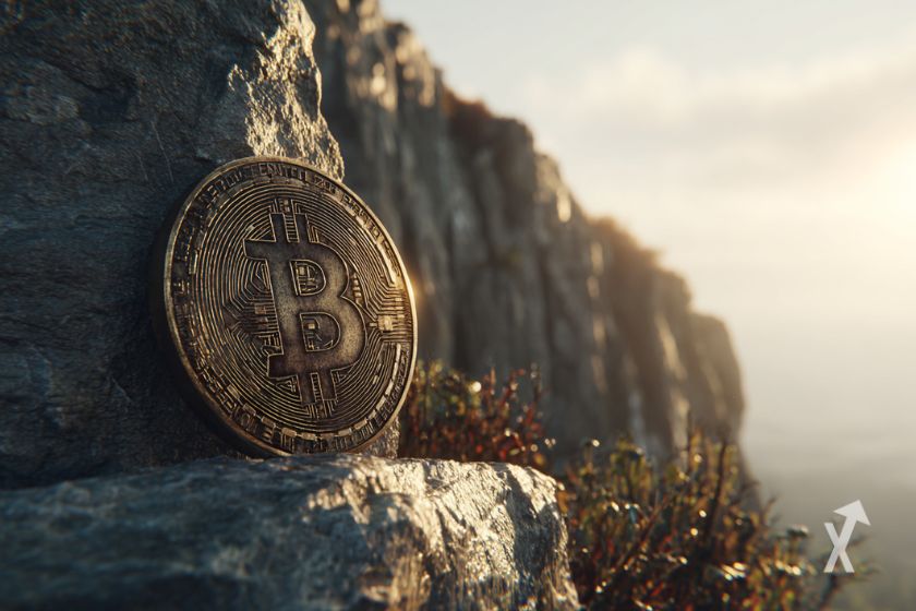 Uma peça de Bitcoin na falésia.