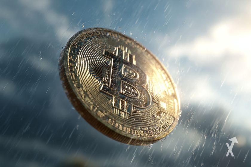 Uma moeda Bitcoin caindo na chuva.