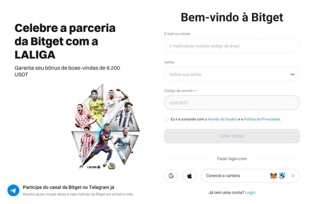 A página inicial do site da Bitget para se inscrever na plataforma