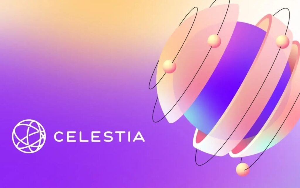 O logo da Celestia sobre um banner com um fundo degradé do amarelo ao violeta