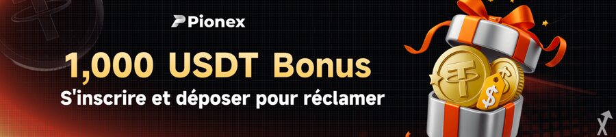 Uma banner com um escrito a dourado '1,000 USDT Bonus' por baixo do logo Pionex e à esquerda de um presente prateado cheio de tokens cripto