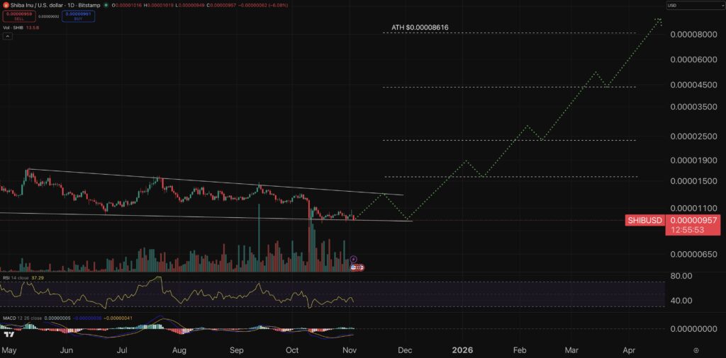 Gráfico preço Shiba Inu. Gráfico do curso de Shiba Inu mostrando a evolução recente do preço e os indicadores técnicos associados
